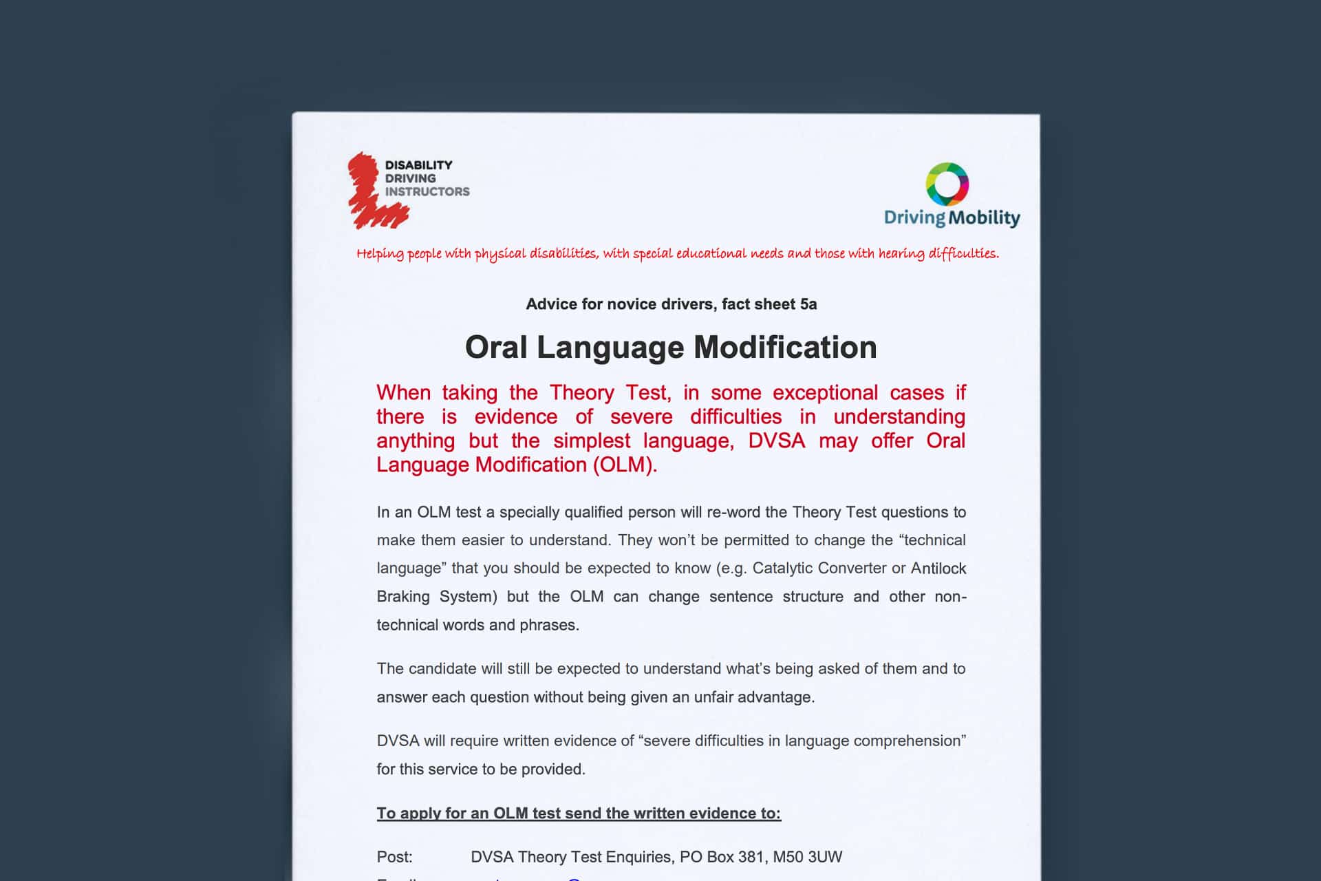 COVID-19 Oral Language Modification for the theory test