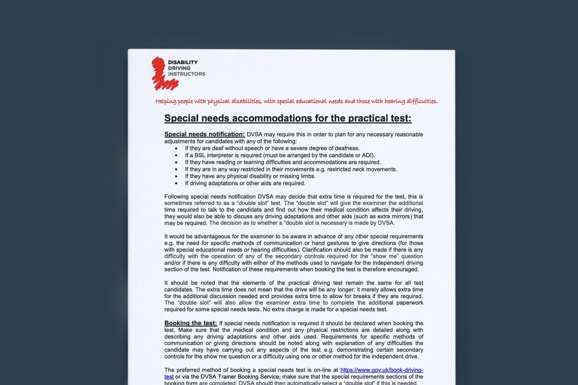 COVID-19 Special Needs Accommodations for taking the practical test