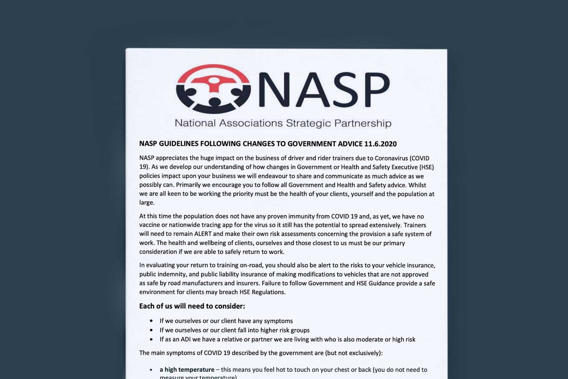 NASP Guidelines Following Changes To Government Advice