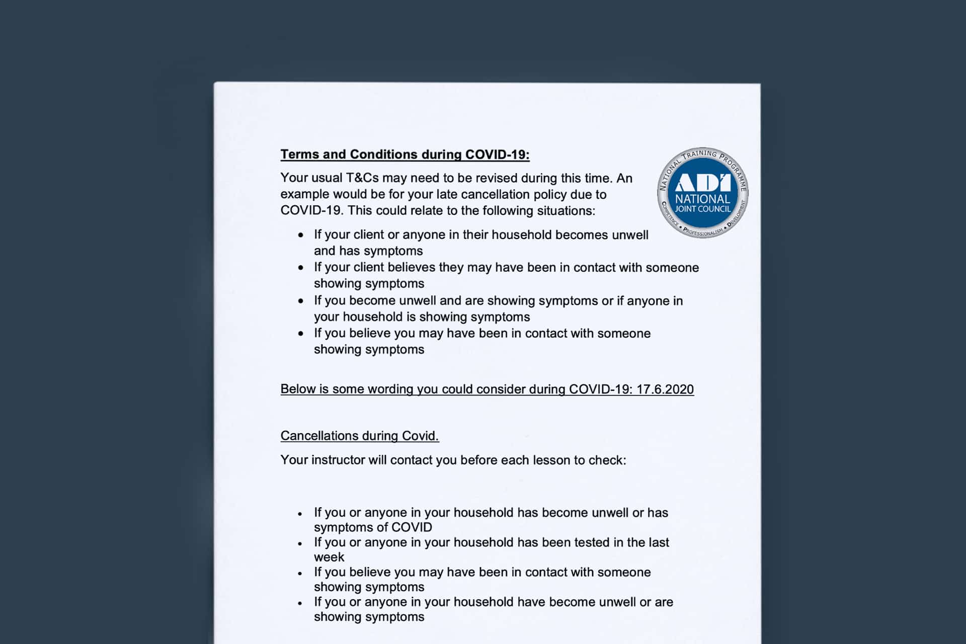 Terms and Conditions during COVID-19