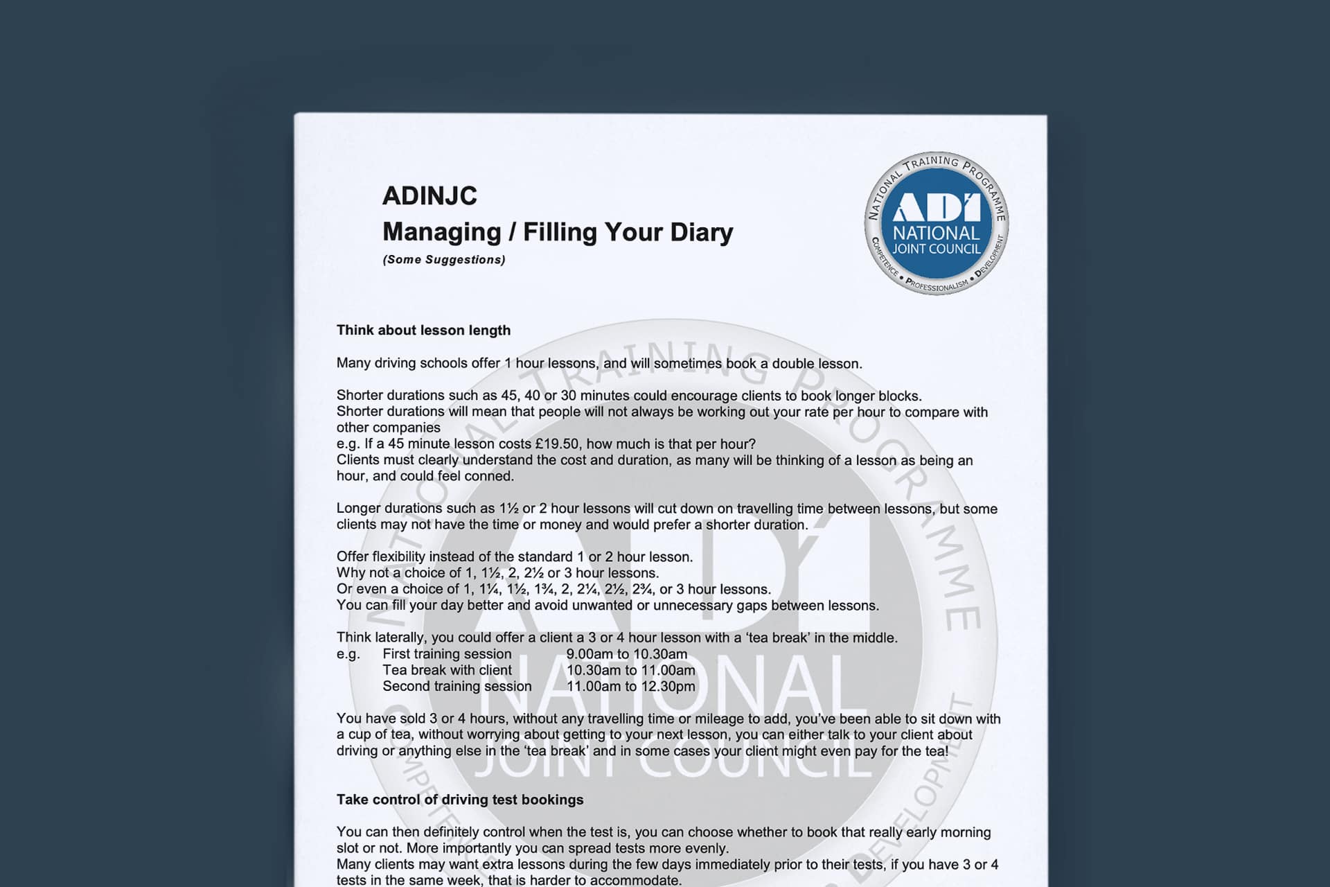 ADINJC Business Course – Managing Your Diary 2016